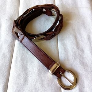 Brown Leather And Silver Metal Chain Link Style Belt with Silver Buckle